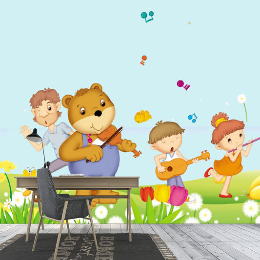 Yellow Cartoon Style Murals Whole Kids and Bear Playing Musical Instruments Wall Art for Bedroom Clearhalo 'Wall Decor' 'Wall Mural' 1186601