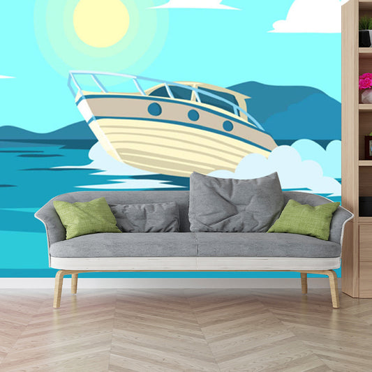 Yacht on Sea Murals for Wall Waterproof Bathroom Wall Covering, Customize Size Available Clearhalo 'Wall Decor' 'Wall Mural' 1186616