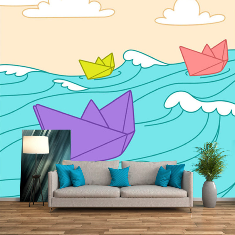 Non-Woven Waterproofing Wall Murals Childrens Art Paper Boat on the Sea Wall Covering Blue-Purple-Yellow Clearhalo 'Wall Decor' 'Wall Mural' 1186619