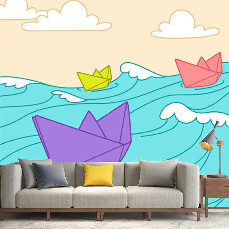 Non-Woven Waterproofing Wall Murals Childrens Art Paper Boat on the Sea Wall Covering Clearhalo 'Wall Decor' 'Wall Mural' 1186620