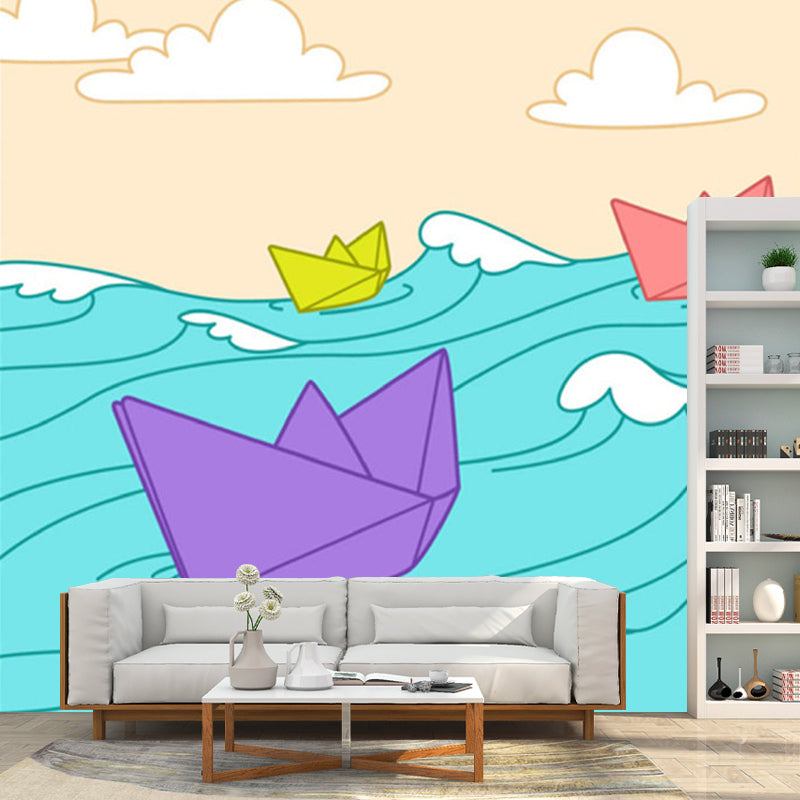 Non-Woven Waterproofing Wall Murals Childrens Art Paper Boat on the Sea Wall Covering Clearhalo 'Wall Decor' 'Wall Mural' 1186621