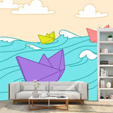 Non-Woven Waterproofing Wall Murals Childrens Art Paper Boat on the Sea Wall Covering Clearhalo 'Wall Decor' 'Wall Mural' 1186621