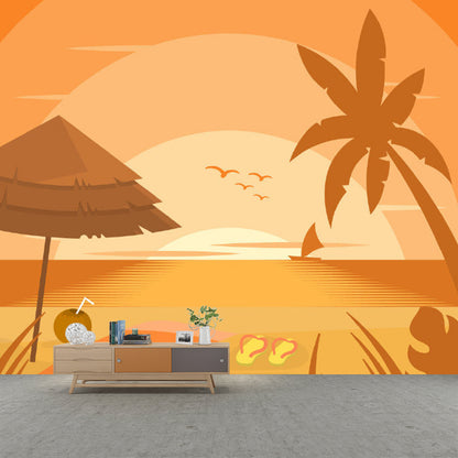 Beach View at Sunset Mural Decal Kids Moisture Resistant Home Wall Covering, Personalised Size Orange Clearhalo 'Wall Decor' 'Wall Mural' 1186710