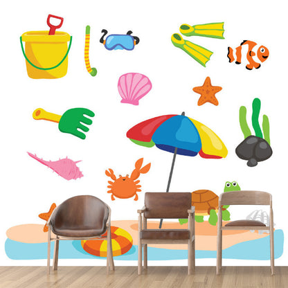 Beach Elements Mural Decal Cartoon Waterproof Kids Bedroom Wall Decor, Made to Measure Red-Green-Pink-Blue Clearhalo 'Wall Decor' 'Wall Mural' 1186735