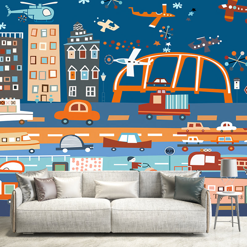 Blue-Orange Transportation Wall Murals Stain Resistant Childrens Art Bedroom Wall Covering Clearhalo 'Wall Decor' 'Wall Mural' 1186924