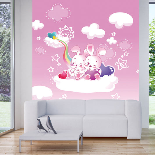 Pink Cartoon Wall Covering Murals Whole Rabbit on the Cloud Wall Art for Baby Room Clearhalo 'Wall Decor' 'Wall Mural' 1186939