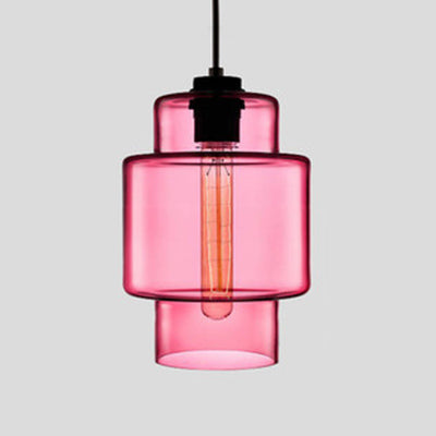 Cylindrical Hanging Lamp Simplicity Glass 1 Light Pink/Yellow/Blue Hanging Ceiling Light Pink A Clearhalo 'Ceiling Lights' 'Glass shade' 'Glass' 'Modern Pendants' 'Modern' 'Pendant Lights' 'Pendants' Lighting' 118750