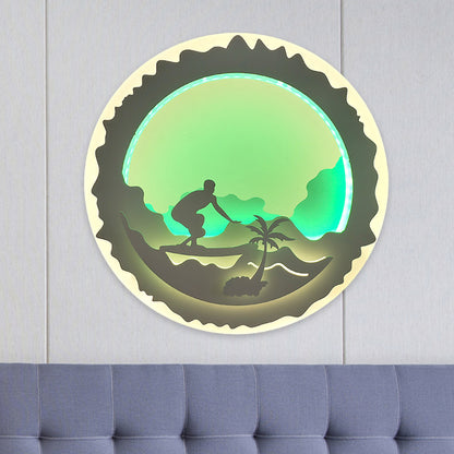Round Bedroom Wall Mural Light Acrylic LED Chinese Style Wall Mounted Lighting with Loving Family/Surfing Pattern in Purple/Green Green Clearhalo 'Wall Lamps & Sconces' 'Wall Lights' Lighting' 1192581