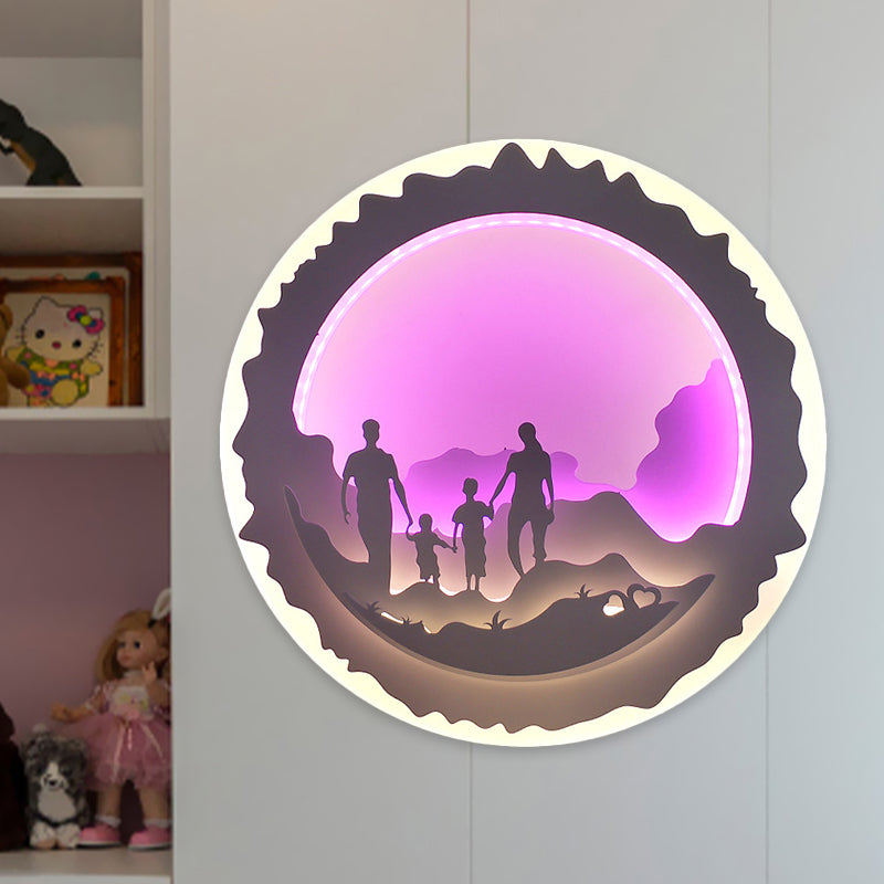 Round Bedroom Wall Mural Light Acrylic LED Chinese Style Wall Mounted Lighting with Loving Family/Surfing Pattern in Purple/Green Purple Clearhalo 'Wall Lamps & Sconces' 'Wall Lights' Lighting' 1192585