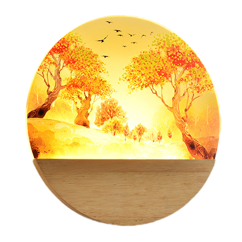 Acrylic Circular Autumn Trees Wall Lighting Nordic Style LED Wood Wall ...