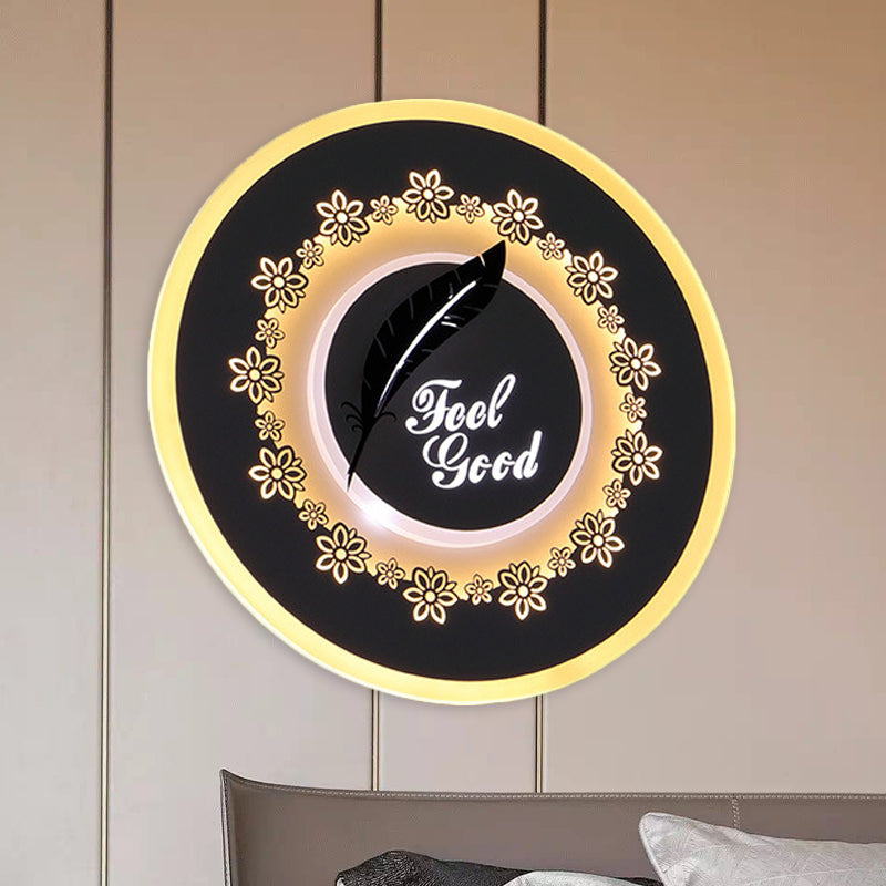 Rounded Corridor Wall Mount Light Fixture Acrylic LED Simple Wall Mural Lamp in Black with Feather/Blossom Pattern White A Clearhalo 'Wall Lamps & Sconces' 'Wall Lights' Lighting' 1192680