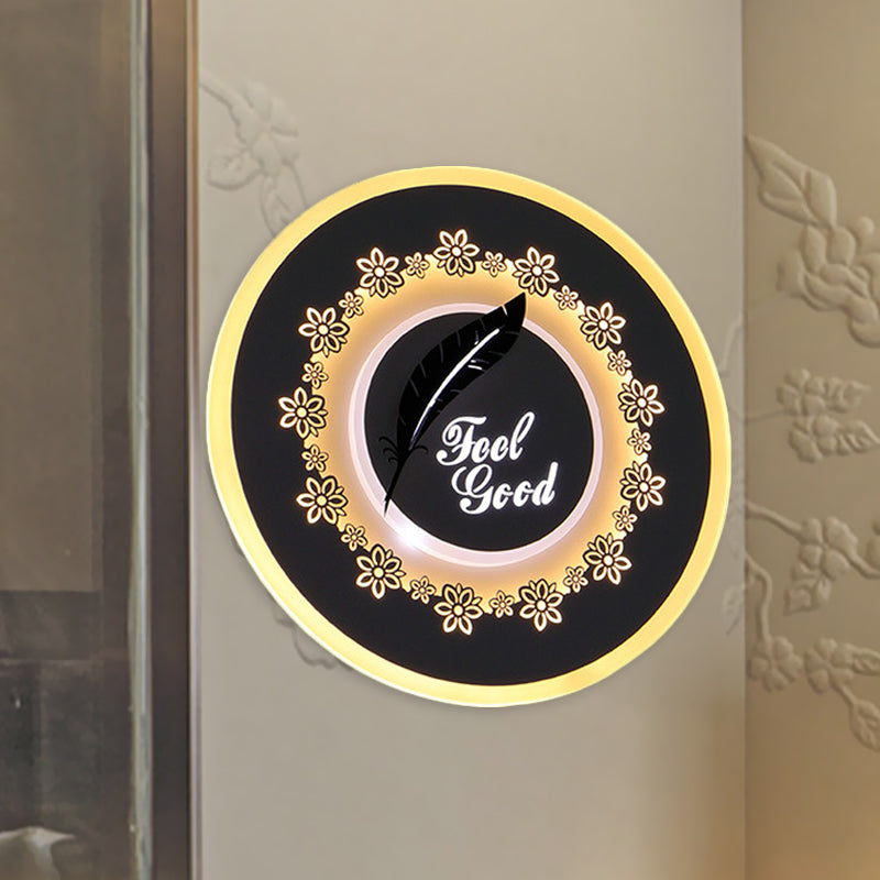 Rounded Corridor Wall Mount Light Fixture Acrylic LED Simple Wall Mural Lamp in Black with Feather/Blossom Pattern Clearhalo 'Wall Lamps & Sconces' 'Wall Lights' Lighting' 1192682