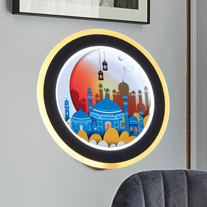 Pink/Blue Circular Wall Mural Light Asia Style LED Acrylic Wall Lighting Idea with Deer/Castle Pattern Blue Clearhalo 'Wall Lamps & Sconces' 'Wall Lights' Lighting' 1192698