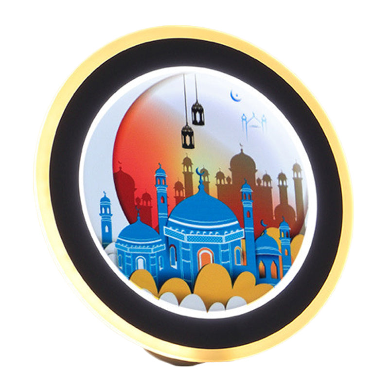 Pink/Blue Circular Wall Mural Light Asia Style LED Acrylic Wall Lighting Idea with Deer/Castle Pattern Clearhalo 'Wall Lamps & Sconces' 'Wall Lights' Lighting' 1192701