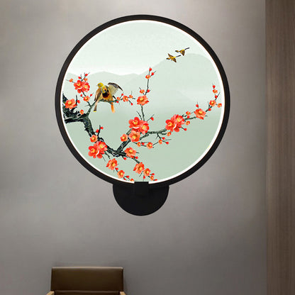 Circular Natural View Wall Lamp Chinese Metal LED Black Wall Mural Light for Bedroom Black A Clearhalo 'Wall Lamps & Sconces' 'Wall Lights' Lighting' 1192752