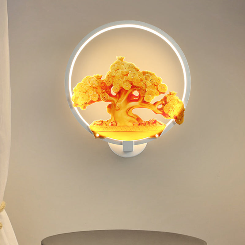 Circular Autumn Tree Patterned Mural Light Oriental Metal LED Hallway Wall Mounted Light Fixture in White/Black for Right/Left Side White Right Clearhalo 'Wall Lamps & Sconces' 'Wall Lights' Lighting' 1192974