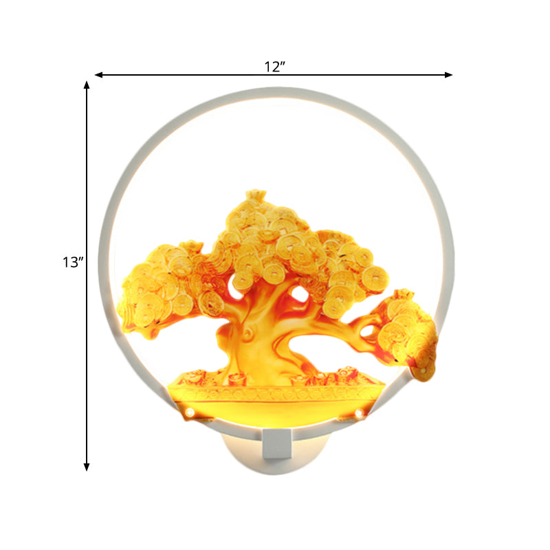 Circular Autumn Tree Patterned Mural Light Oriental Metal LED Hallway Wall Mounted Light Fixture in White/Black for Right/Left Side Clearhalo 'Wall Lamps & Sconces' 'Wall Lights' Lighting' 1192977