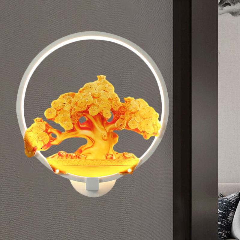 Circular Autumn Tree Patterned Mural Light Oriental Metal LED Hallway Wall Mounted Light Fixture in White/Black for Right/Left Side White Left Clearhalo 'Wall Lamps & Sconces' 'Wall Lights' Lighting' 1192978