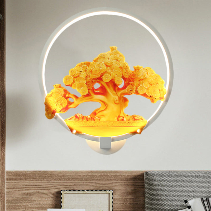 Circular Autumn Tree Patterned Mural Light Oriental Metal LED Hallway Wall Mounted Light Fixture in White/Black for Right/Left Side Clearhalo 'Wall Lamps & Sconces' 'Wall Lights' Lighting' 1192980