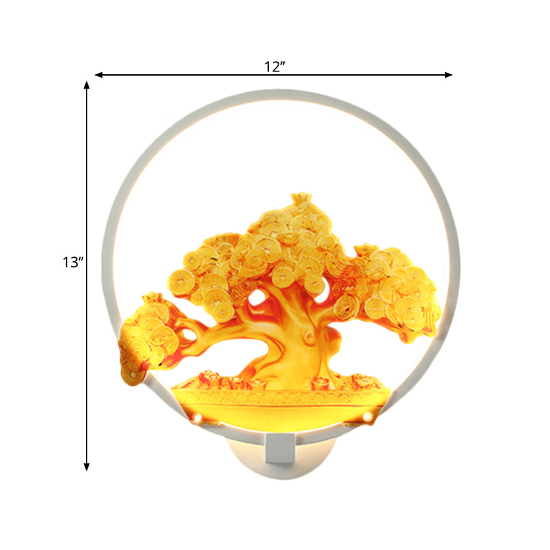 Circular Autumn Tree Patterned Mural Light Oriental Metal LED Hallway Wall Mounted Light Fixture in White/Black for Right/Left Side Clearhalo 'Wall Lamps & Sconces' 'Wall Lights' Lighting' 1192982