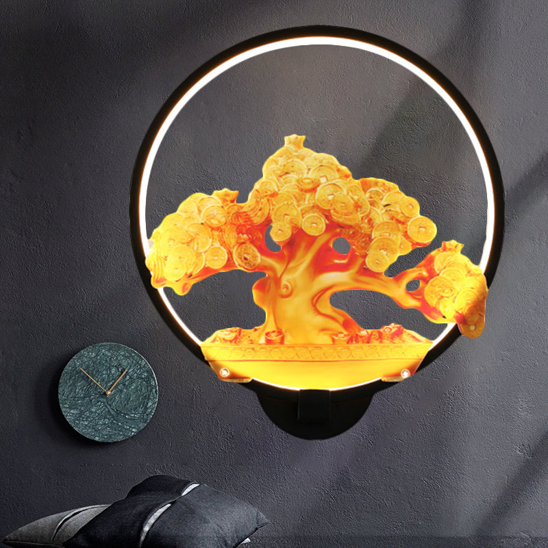 Circular Autumn Tree Patterned Mural Light Oriental Metal LED Hallway Wall Mounted Light Fixture in White/Black for Right/Left Side Black Right Clearhalo 'Wall Lamps & Sconces' 'Wall Lights' Lighting' 1192983