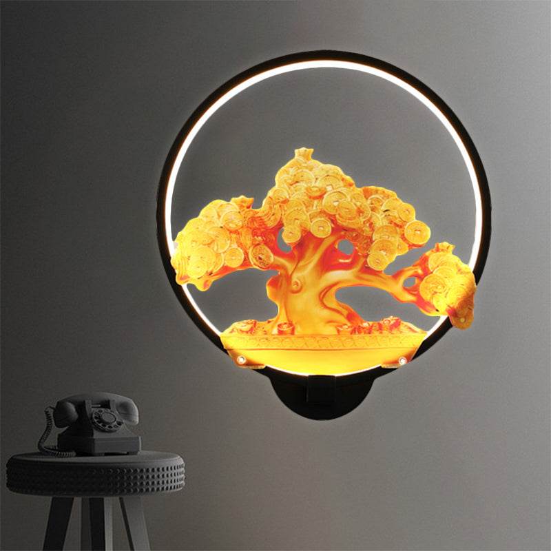 Circular Autumn Tree Patterned Mural Light Oriental Metal LED Hallway Wall Mounted Light Fixture in White/Black for Right/Left Side Clearhalo 'Wall Lamps & Sconces' 'Wall Lights' Lighting' 1192985