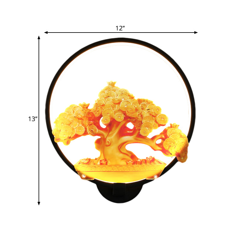 Circular Autumn Tree Patterned Mural Light Oriental Metal LED Hallway Wall Mounted Light Fixture in White/Black for Right/Left Side Clearhalo 'Wall Lamps & Sconces' 'Wall Lights' Lighting' 1192987