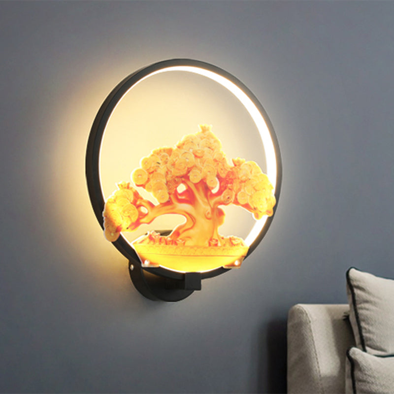 Circular Autumn Tree Patterned Mural Light Oriental Metal LED Hallway Wall Mounted Light Fixture in White/Black for Right/Left Side Black Left Clearhalo 'Wall Lamps & Sconces' 'Wall Lights' Lighting' 1192988