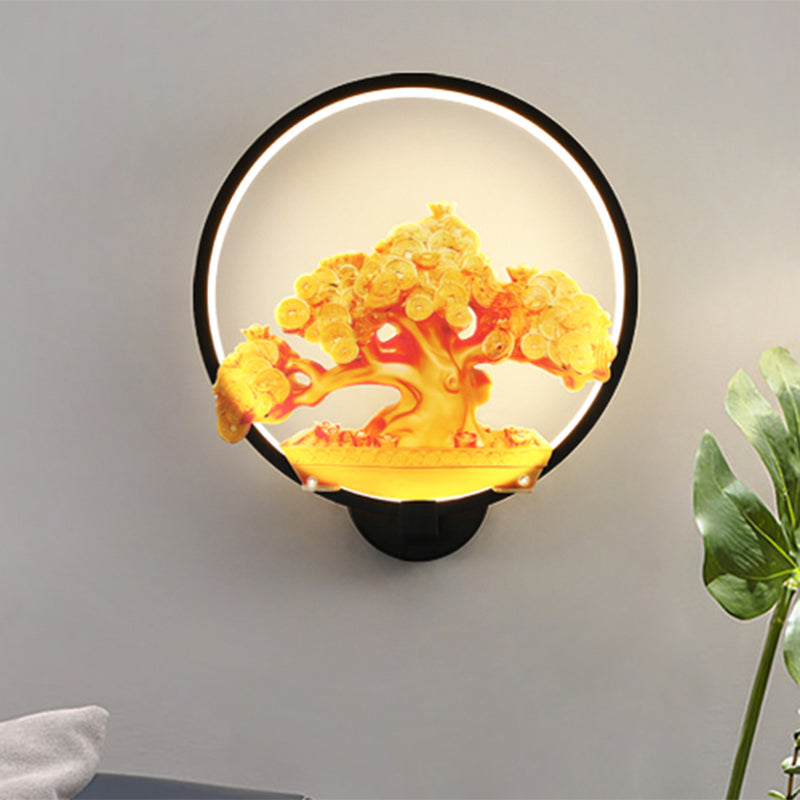 Circular Autumn Tree Patterned Mural Light Oriental Metal LED Hallway Wall Mounted Light Fixture in White/Black for Right/Left Side Clearhalo 'Wall Lamps & Sconces' 'Wall Lights' Lighting' 1192989