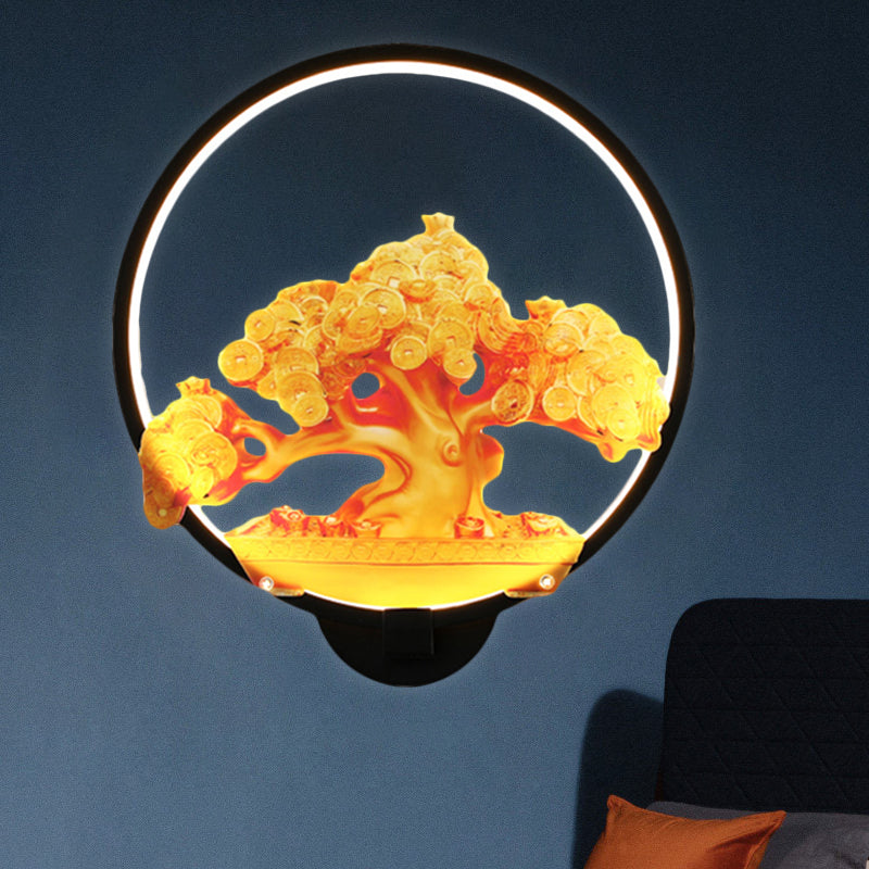 Circular Autumn Tree Patterned Mural Light Oriental Metal LED Hallway Wall Mounted Light Fixture in White/Black for Right/Left Side Clearhalo 'Wall Lamps & Sconces' 'Wall Lights' Lighting' 1192990