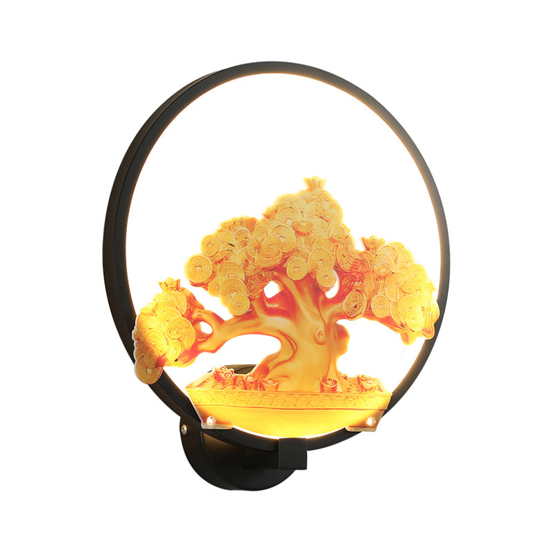 Circular Autumn Tree Patterned Mural Light Oriental Metal LED Hallway Wall Mounted Light Fixture in White/Black for Right/Left Side Clearhalo 'Wall Lamps & Sconces' 'Wall Lights' Lighting' 1192991