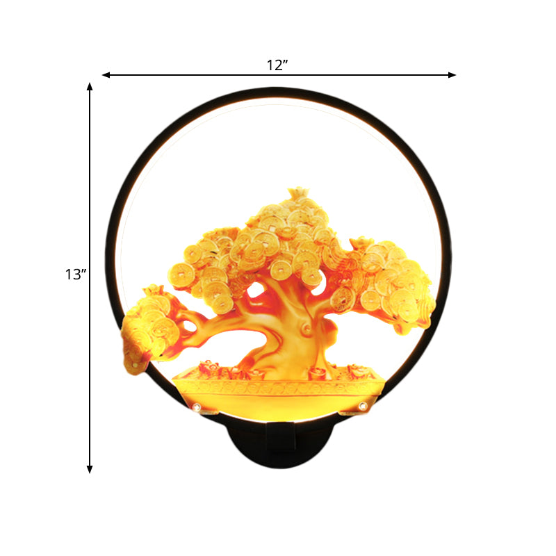 Circular Autumn Tree Patterned Mural Light Oriental Metal LED Hallway Wall Mounted Light Fixture in White/Black for Right/Left Side Clearhalo 'Wall Lamps & Sconces' 'Wall Lights' Lighting' 1192992