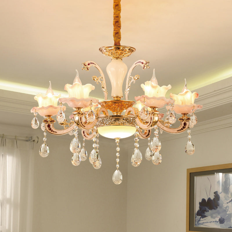 Frosted Glass Ruffle Chandelier Mid Century 6-Light Dining Room Pendant Ceiling Light in Rose Gold Clearhalo 'Ceiling Lights' 'Chandeliers' Lighting' options 1193118