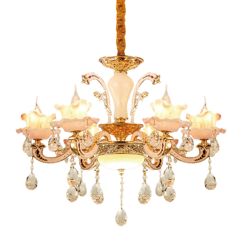 Frosted Glass Ruffle Chandelier Mid Century 6-Light Dining Room Pendant Ceiling Light in Rose Gold Clearhalo 'Ceiling Lights' 'Chandeliers' Lighting' options 1193119