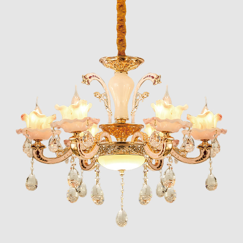 Frosted Glass Ruffle Chandelier Mid Century 6-Light Dining Room Pendant Ceiling Light in Rose Gold Clearhalo 'Ceiling Lights' 'Chandeliers' Lighting' options 1193120