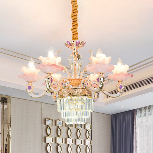 6 Lights 2-Layer Ruffle Chandelier Contemporary Pink Glass Pendant Lamp with Tiered Crystal Bottom Clearhalo 'Ceiling Lights' 'Chandeliers' Lighting' options 1193126