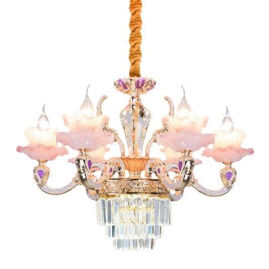 6 Lights 2-Layer Ruffle Chandelier Contemporary Pink Glass Pendant Lamp with Tiered Crystal Bottom Clearhalo 'Ceiling Lights' 'Chandeliers' Lighting' options 1193127