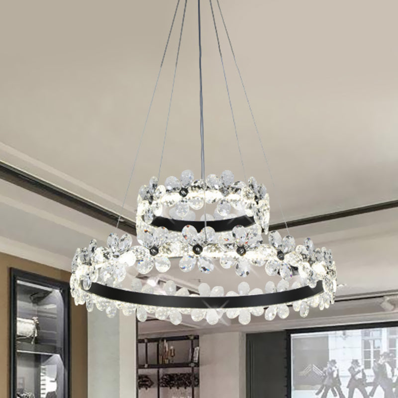 Black 1/2-Tier Hoop Hanging Light Kit Minimalistic Crystal Flower Living Room LED Chandelier Lighting Black 2 Tiers Clearhalo 'Ceiling Lights' 'Chandeliers' 'Modern Chandeliers' 'Modern' Lighting' 1193142