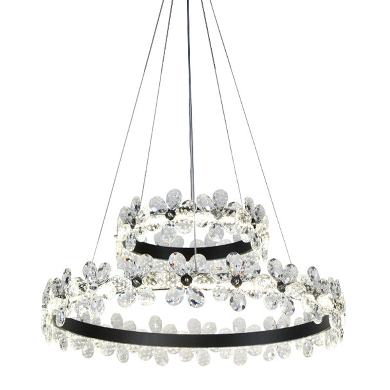 Black 1/2-Tier Hoop Hanging Light Kit Minimalistic Crystal Flower Living Room LED Chandelier Lighting Clearhalo 'Ceiling Lights' 'Chandeliers' 'Modern Chandeliers' 'Modern' Lighting' 1193144