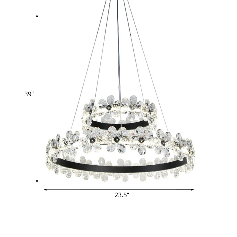 Black 1/2-Tier Hoop Hanging Light Kit Minimalistic Crystal Flower Living Room LED Chandelier Lighting Clearhalo 'Ceiling Lights' 'Chandeliers' 'Modern Chandeliers' 'Modern' Lighting' 1193145