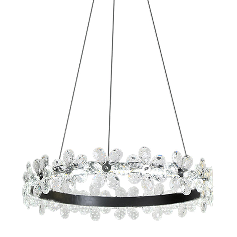 Black 1/2-Tier Hoop Hanging Light Kit Minimalistic Crystal Flower Living Room LED Chandelier Lighting Clearhalo 'Ceiling Lights' 'Chandeliers' 'Modern Chandeliers' 'Modern' Lighting' 1193149
