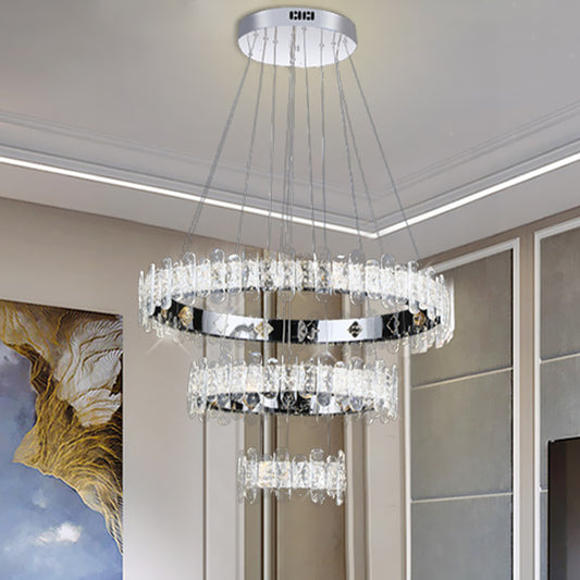 Crystal Embedded Chrome Chandelier 3-Tiered Circle Contemporary LED Pendant Light Fixture Clearhalo 'Ceiling Lights' 'Chandeliers' 'Modern Chandeliers' 'Modern' Lighting' 1193156