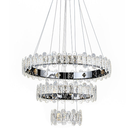 Crystal Embedded Chrome Chandelier 3-Tiered Circle Contemporary LED Pendant Light Fixture Clearhalo 'Ceiling Lights' 'Chandeliers' 'Modern Chandeliers' 'Modern' Lighting' 1193157
