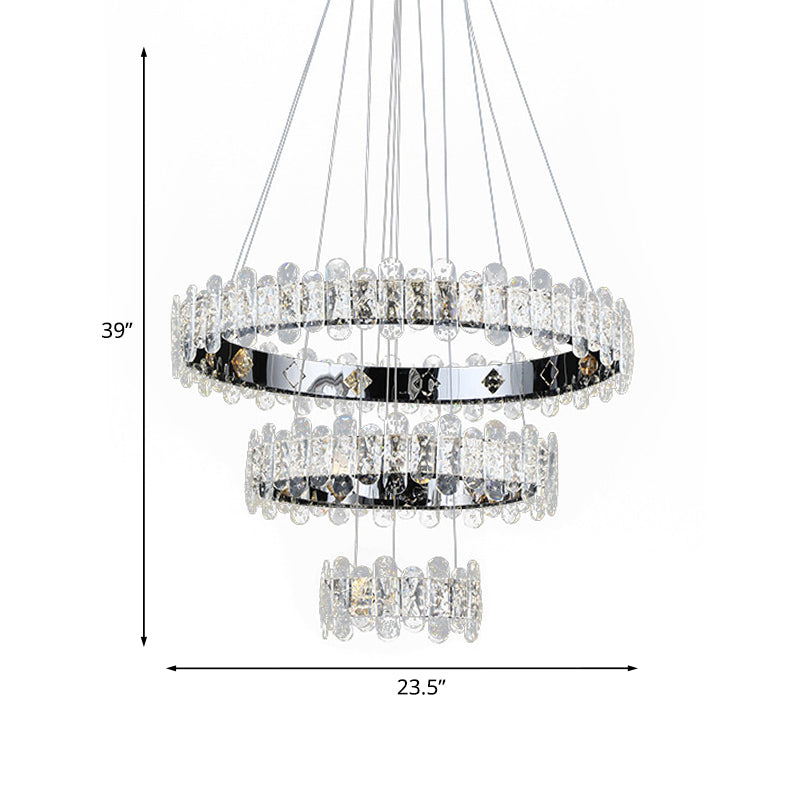 Crystal Embedded Chrome Chandelier 3-Tiered Circle Contemporary LED Pendant Light Fixture Clearhalo 'Ceiling Lights' 'Chandeliers' 'Modern Chandeliers' 'Modern' Lighting' 1193158