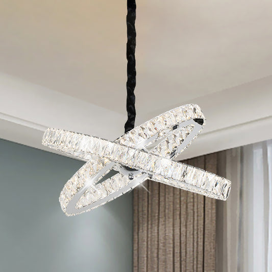 Simple Crossed Rings Chandelier Beveled Crystal Encrusted LED Hanging Pendant Light in Stainless Steel Stainless-Steel Clearhalo 'Ceiling Lights' 'Chandeliers' 'Modern Chandeliers' 'Modern' Lighting' 1193159