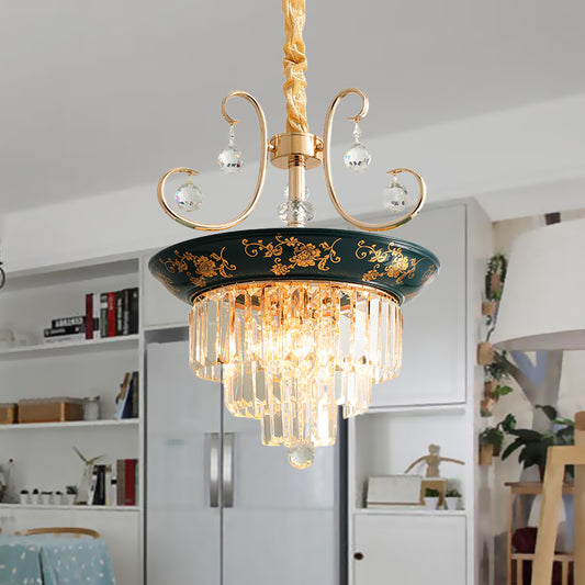Tiered Tapered Crystal Down Lighting Modernism 3-Light Dining Table Chandelier Pendant with Flower Edge in Green Clearhalo 'Ceiling Lights' 'Chandeliers' 'Modern Chandeliers' 'Modern' Lighting' 1193176