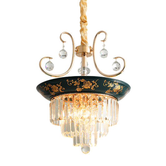 Tiered Tapered Crystal Down Lighting Modernism 3-Light Dining Table Chandelier Pendant with Flower Edge in Green Clearhalo 'Ceiling Lights' 'Chandeliers' 'Modern Chandeliers' 'Modern' Lighting' 1193177