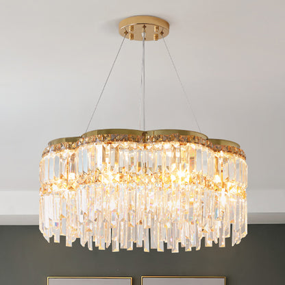 6-Light Floral Drum Chandelier Postmodern Gold Tri-Sided Crystal Rod Hanging Ceiling Light Gold Clearhalo 'Ceiling Lights' 'Chandeliers' 'Modern Chandeliers' 'Modern' Lighting' 1193183