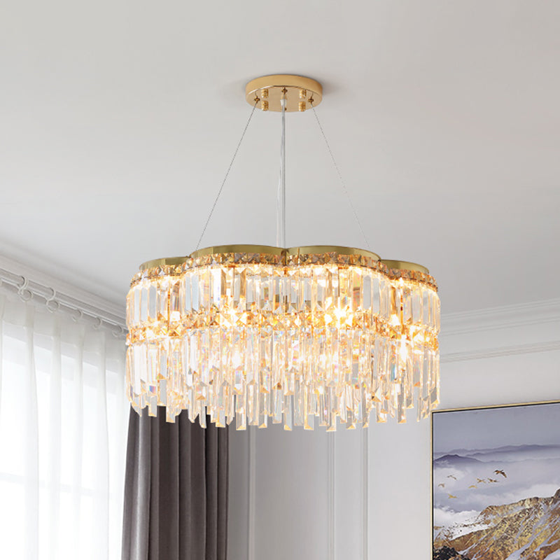 6-Light Floral Drum Chandelier Postmodern Gold Tri-Sided Crystal Rod Hanging Ceiling Light Clearhalo 'Ceiling Lights' 'Chandeliers' 'Modern Chandeliers' 'Modern' Lighting' 1193184