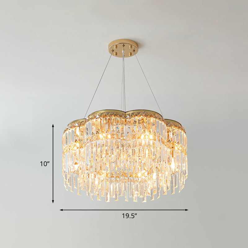 6-Light Floral Drum Chandelier Postmodern Gold Tri-Sided Crystal Rod Hanging Ceiling Light Clearhalo 'Ceiling Lights' 'Chandeliers' 'Modern Chandeliers' 'Modern' Lighting' 1193186